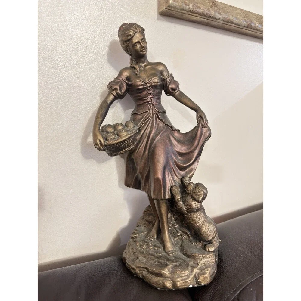 Vintage 1993 Austin Sculpture Morning Walk Woman Fruit Basket Dog 14.5” Statue